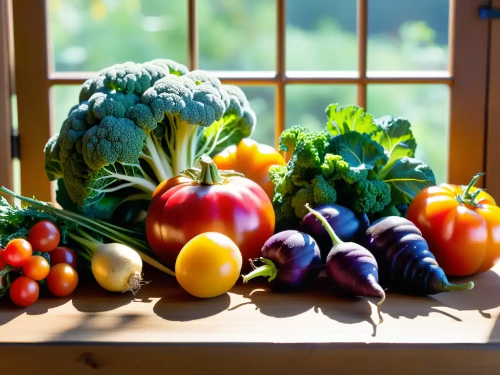 Una escena de mesa rústica con vegetales orgánicos frescos, bañada por la cálida luz del sol