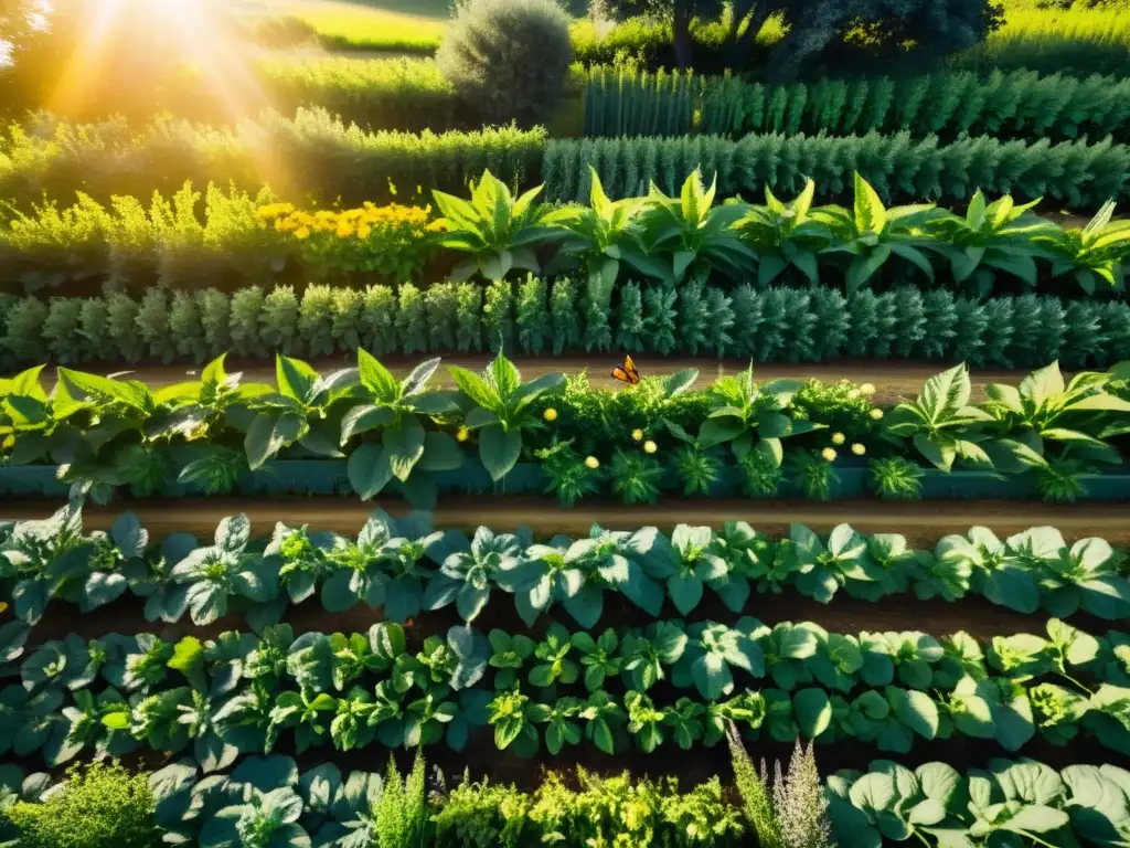 Escena orgánica de granja con protección integrada contra plagas, plantas compañeras en armonía, saludables cultivos y vida silvestre animada