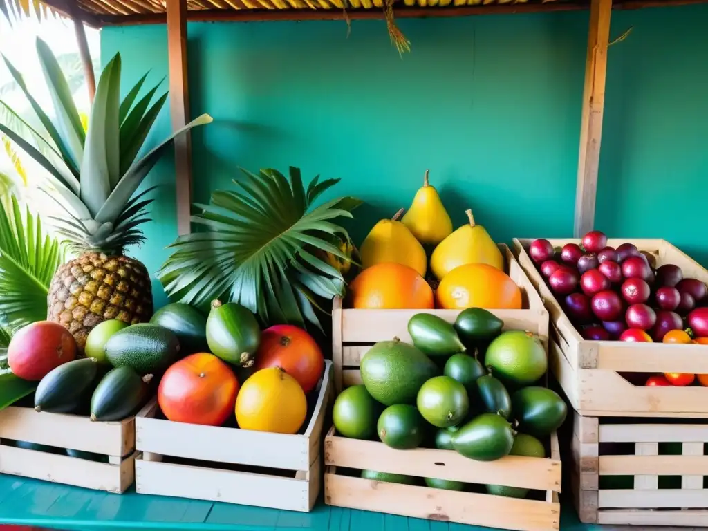 Una escena caribeña rebosante de frutas, vegetales y hierbas orgánicas, iluminada por el sol