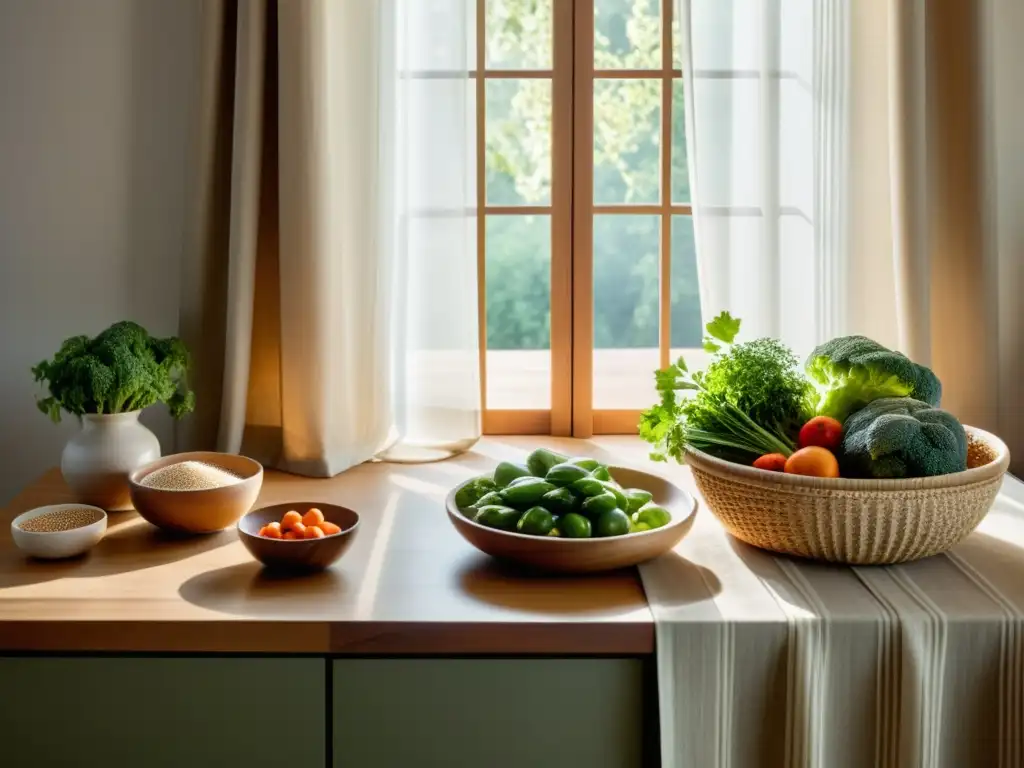 Escena serena de cocina con ingredientes orgánicos, evocando abundancia y texturas