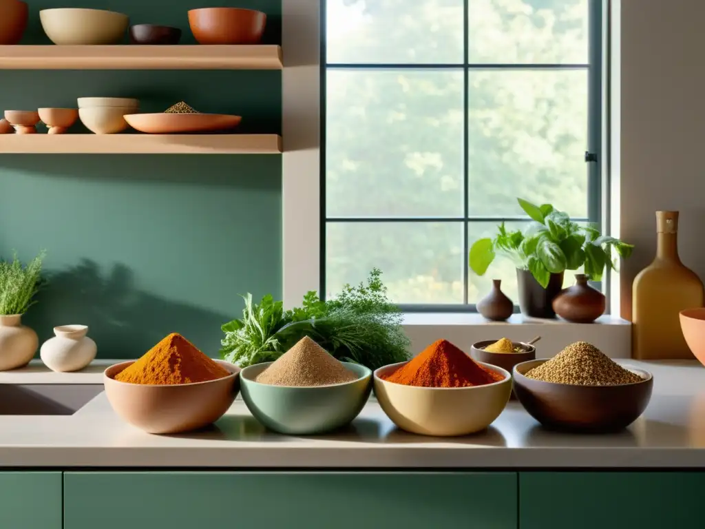 Escena serena de una cocina minimalista con ingredientes orgánicos indios frescos y coloridos