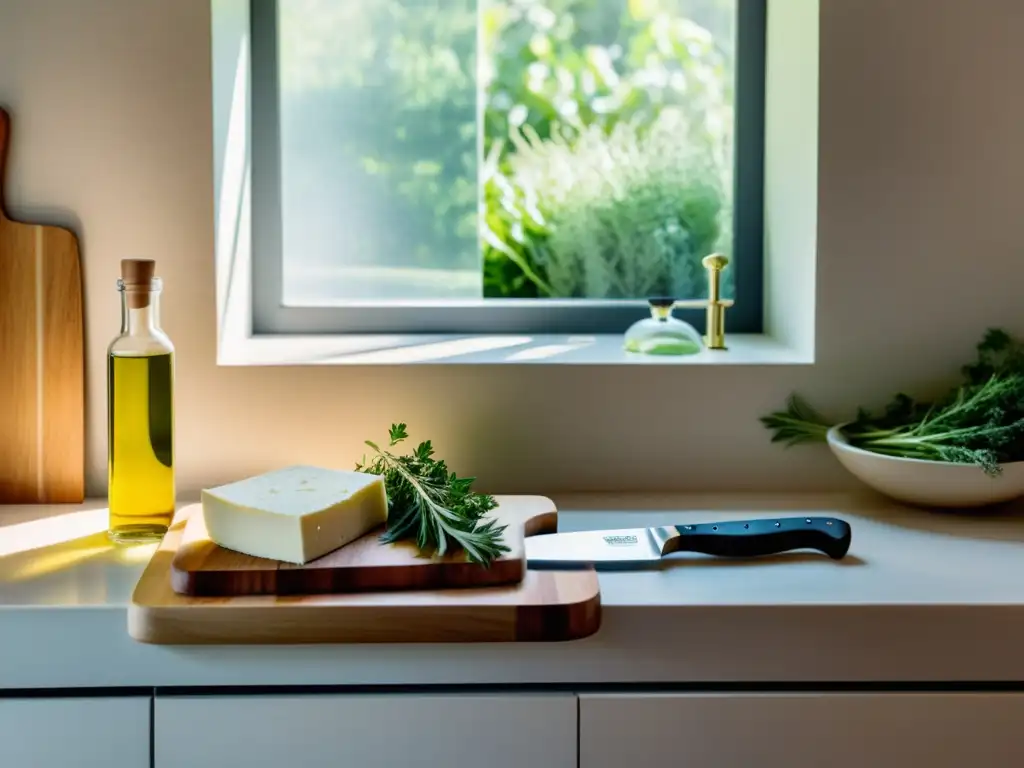 Una escena serena de cocina minimalista con ingredientes orgánicos para preparación de tofu