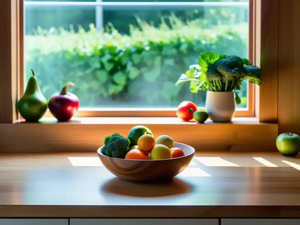 Escena serena de cocina orgánica con frutas y verduras frescas en la encimera de madera