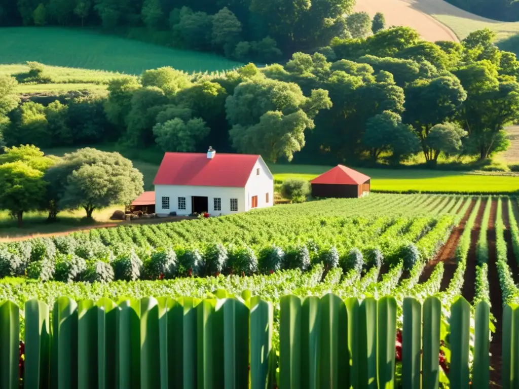 Escena serena de granja agroforestal orgánica con integración agroforestal en cultivos y árboles en armonía con la naturaleza