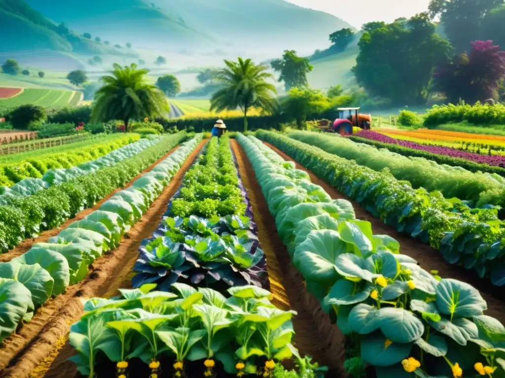 Escena serena en una granja orgánica con cultivos variados y cuidados, en armonía con la naturaleza