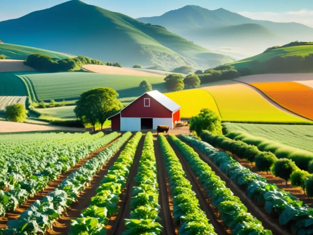 Escena serena de una granja orgánica con producción de alimentos orgánicos y bienestar animal, reflejando armonía y belleza natural