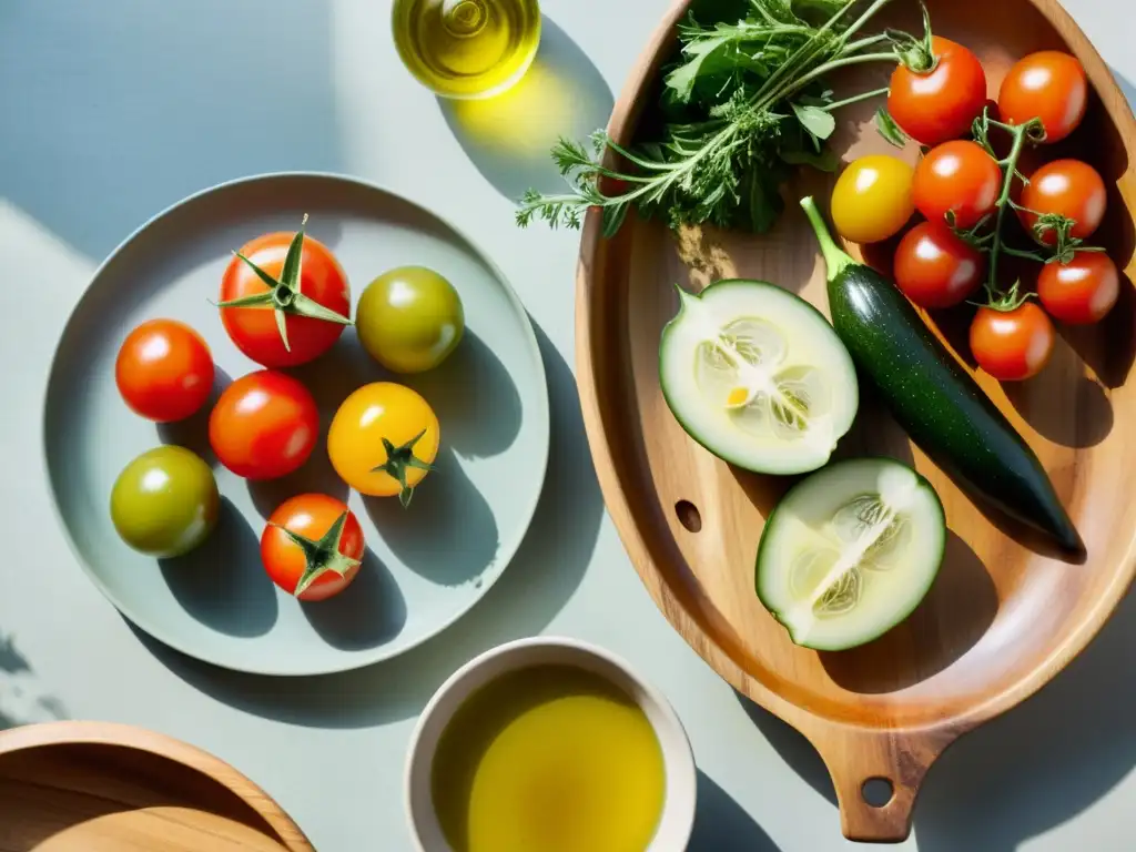 Una escena serena y minimalista de una mesa rústica con ingredientes orgánicos mediterráneos en tapas, bañada por luz suave