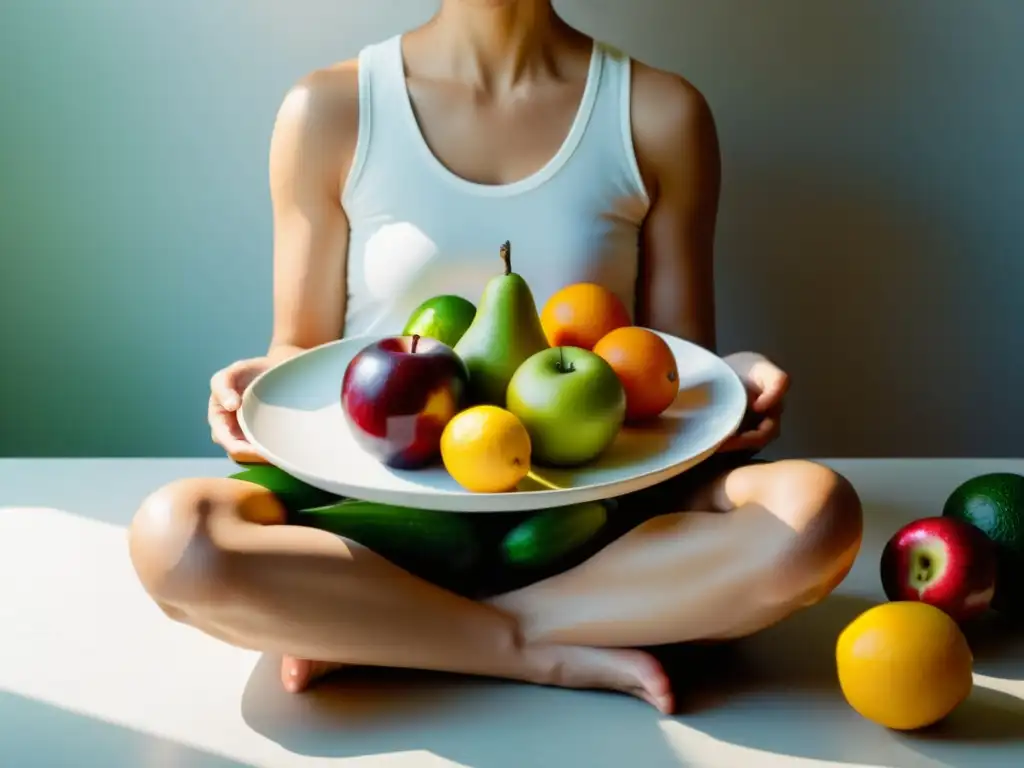 Una escena serena y minimalista de una persona disfrutando de alimentación orgánica para una mente consciente, con frutas y verduras vibrantes