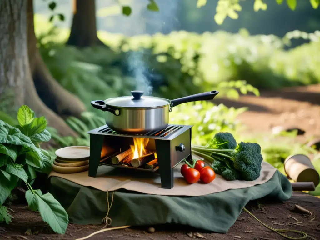 Escena tranquila en un camping con estufa portátil, verduras frescas y naturaleza exuberante