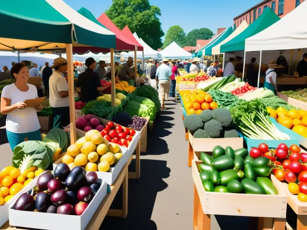 Escena vibrante de un bullicioso mercado de agricultores con frutas y verduras orgánicas coloridas en puestos de madera