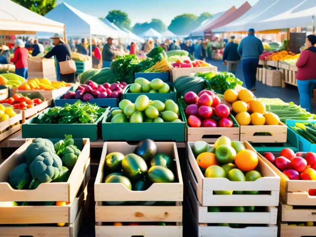 Una escena vibrante de un bullicioso mercado de agricultores locales con productos orgánicos coloridos en cajas de madera