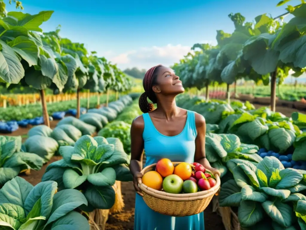 Una escena vibrante en una granja orgánica con frutas y verduras coloridas