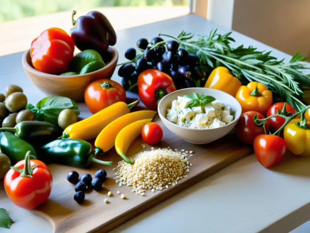 Una escena vibrante de ingredientes orgánicos para la dieta mediterránea, con abundancia y colores vibrantes