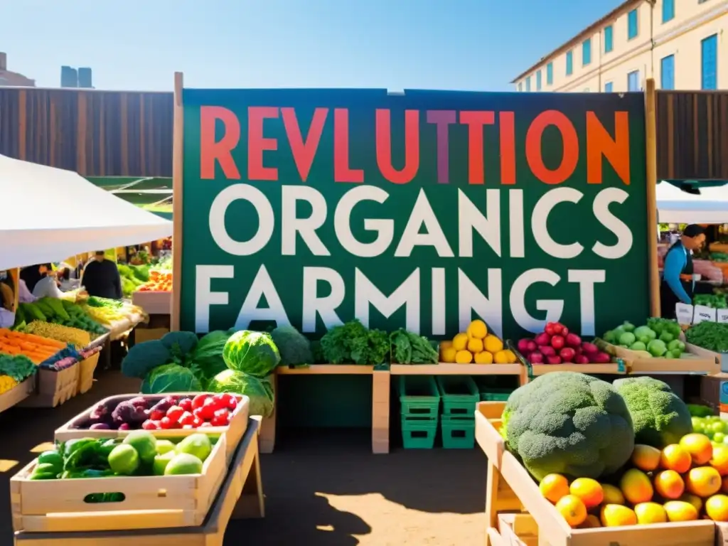 Escena vibrante de un mercado de agricultores, con frutas y verduras orgánicas coloridas y gente animada