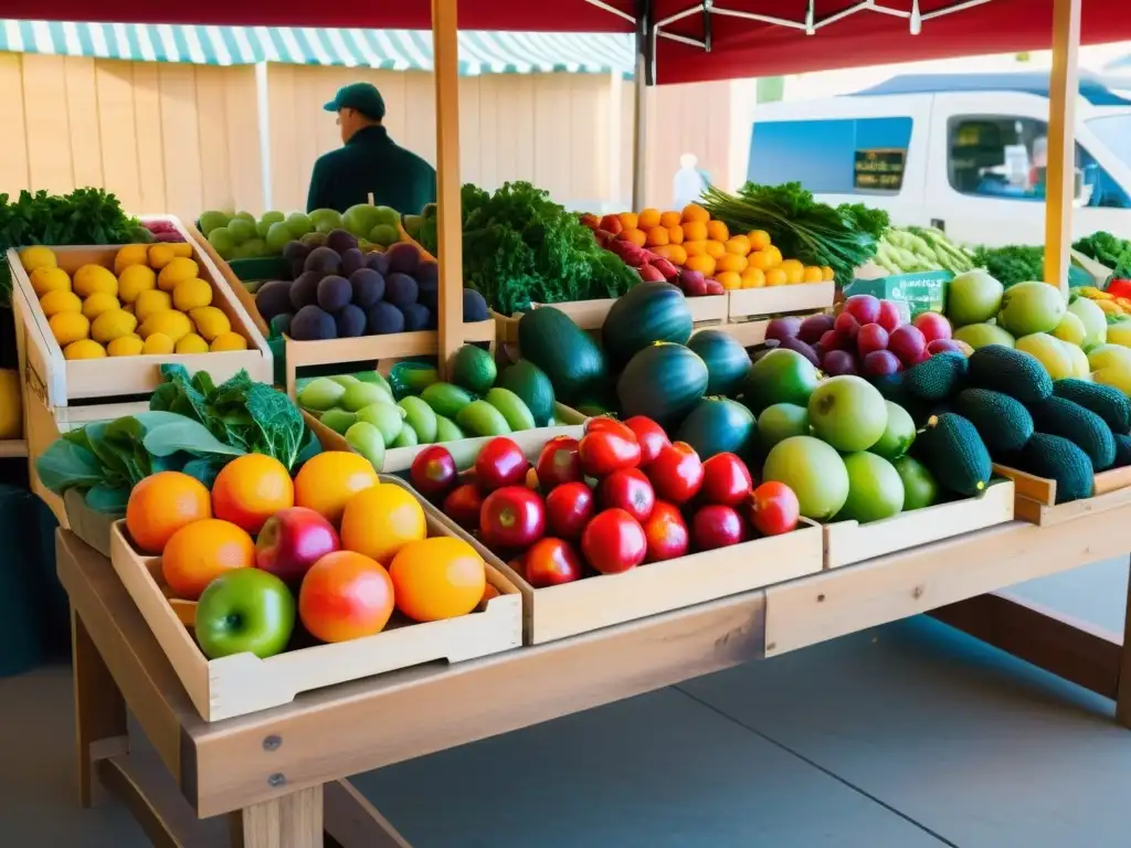 Una escena vibrante de un mercado de agricultores con alimentos orgánicos para prevenir enfermedades cardíacas, colores ricos y ambiente cálido