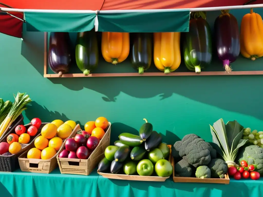 Una escena vibrante de un mercado caribeño con frutas y verduras orgánicas en exhibición