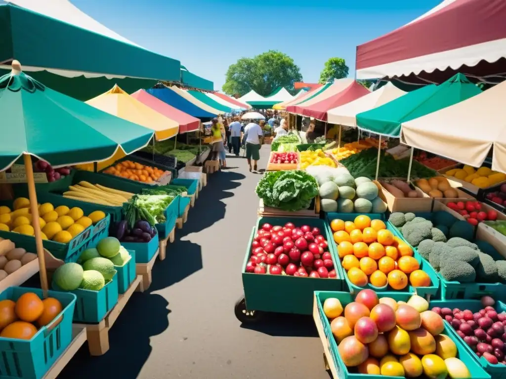 Escena vibrante de mercado agrícola con venta de productos orgánicos, mostrando impacto económico y diversidad