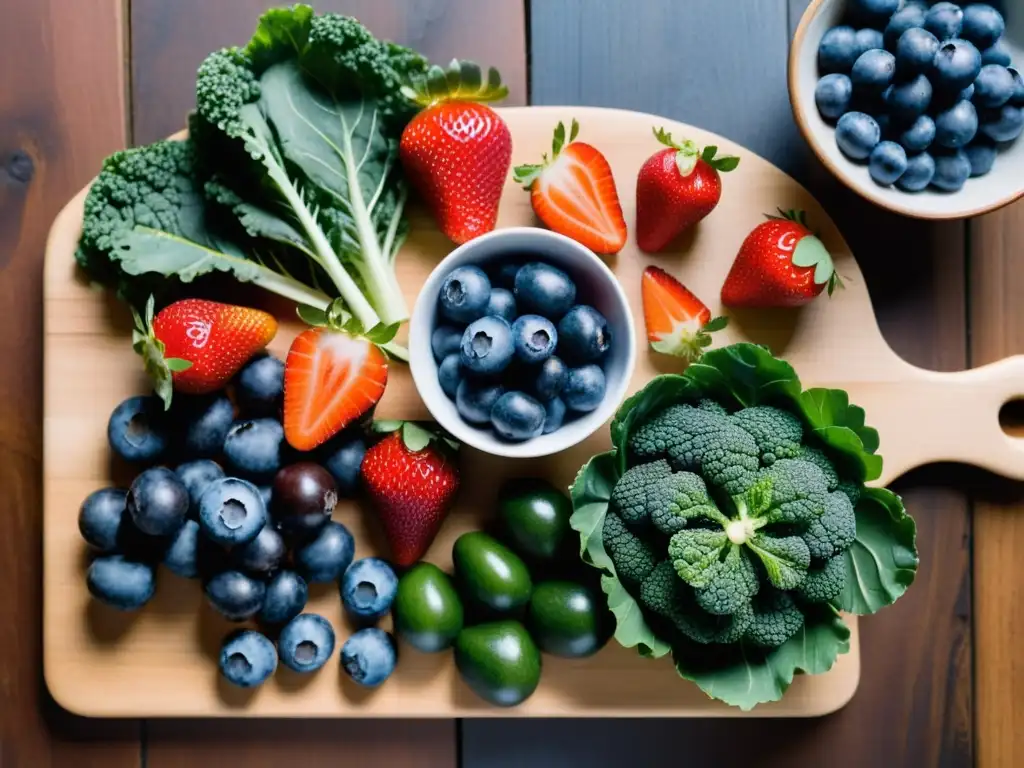 Una escena vibrante y minimalista de ingredientes orgánicos de la Dieta Sirtfood en una tabla de cortar de madera, evocando frescura y nutrición