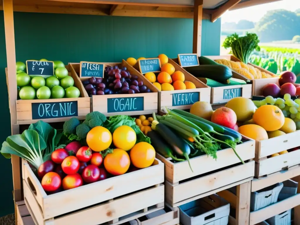 Una escena vibrante de un puesto de mercado lleno de frutas y verduras orgánicas, bañadas por la cálida luz del sol