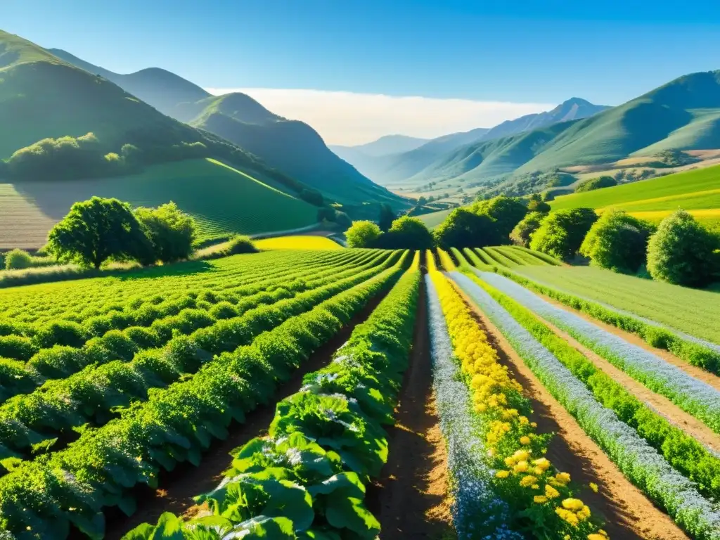 Un escenario de granja orgánica exuberante y vibrante, con cultivos verdes y un uso eficiente del agua en cultivos orgánicos