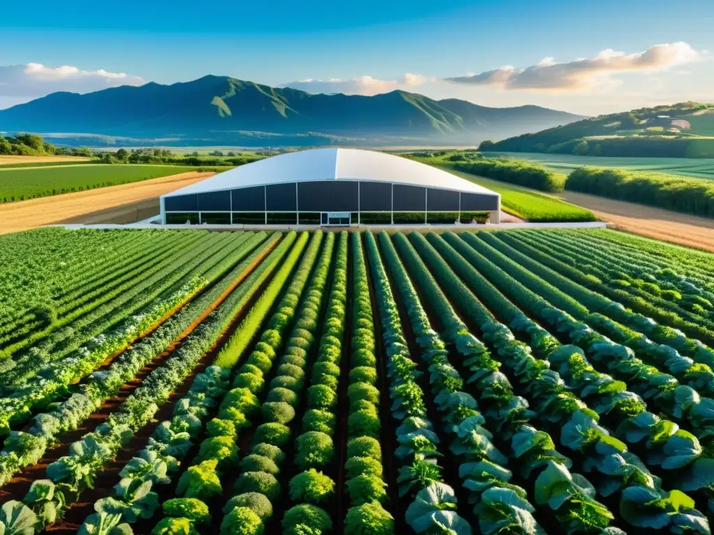 Un escenario de granja orgánica con filas de vegetales vibrantes bajo la luz dorada del atardecer