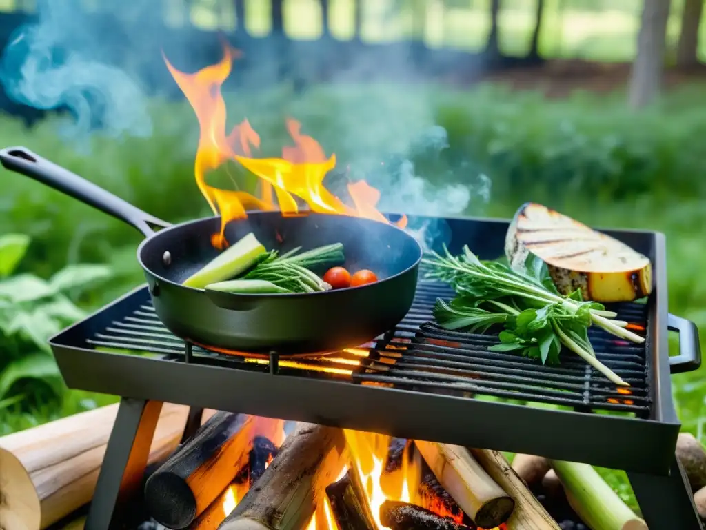 Un escenario idílico de cocina al aire libre con utensilios de hierro sobre una parrilla en el bosque