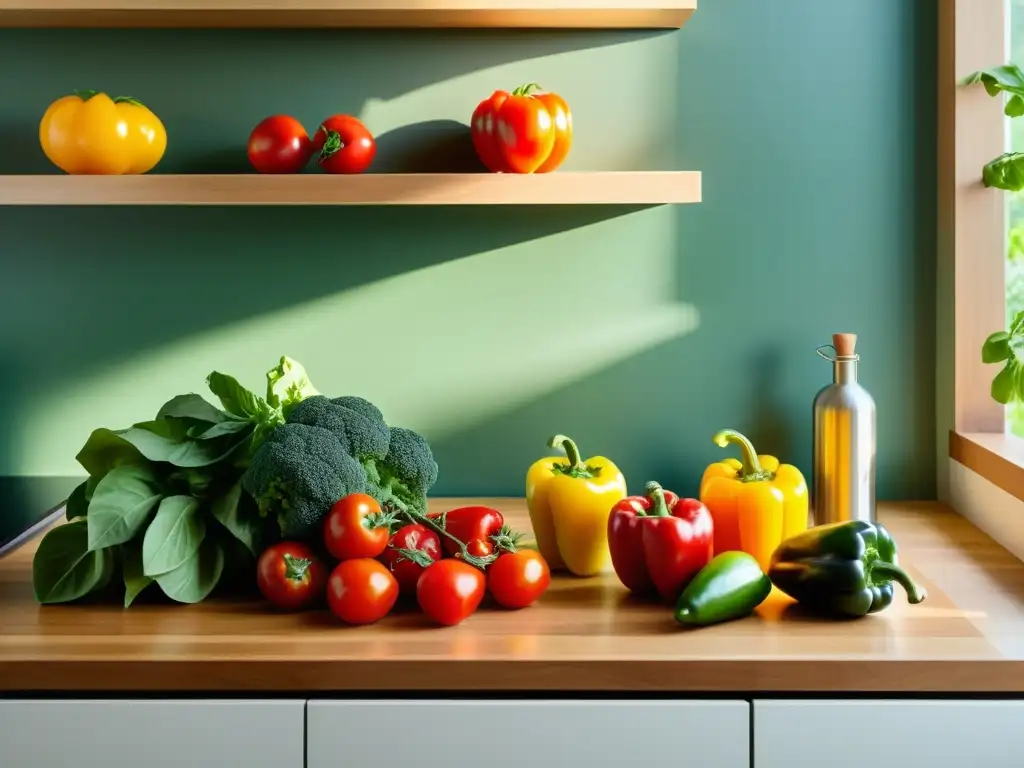 Un escenario sereno y minimalista de cocina, con una encimera de madera que muestra una variedad de frutas y verduras orgánicas vibrantes