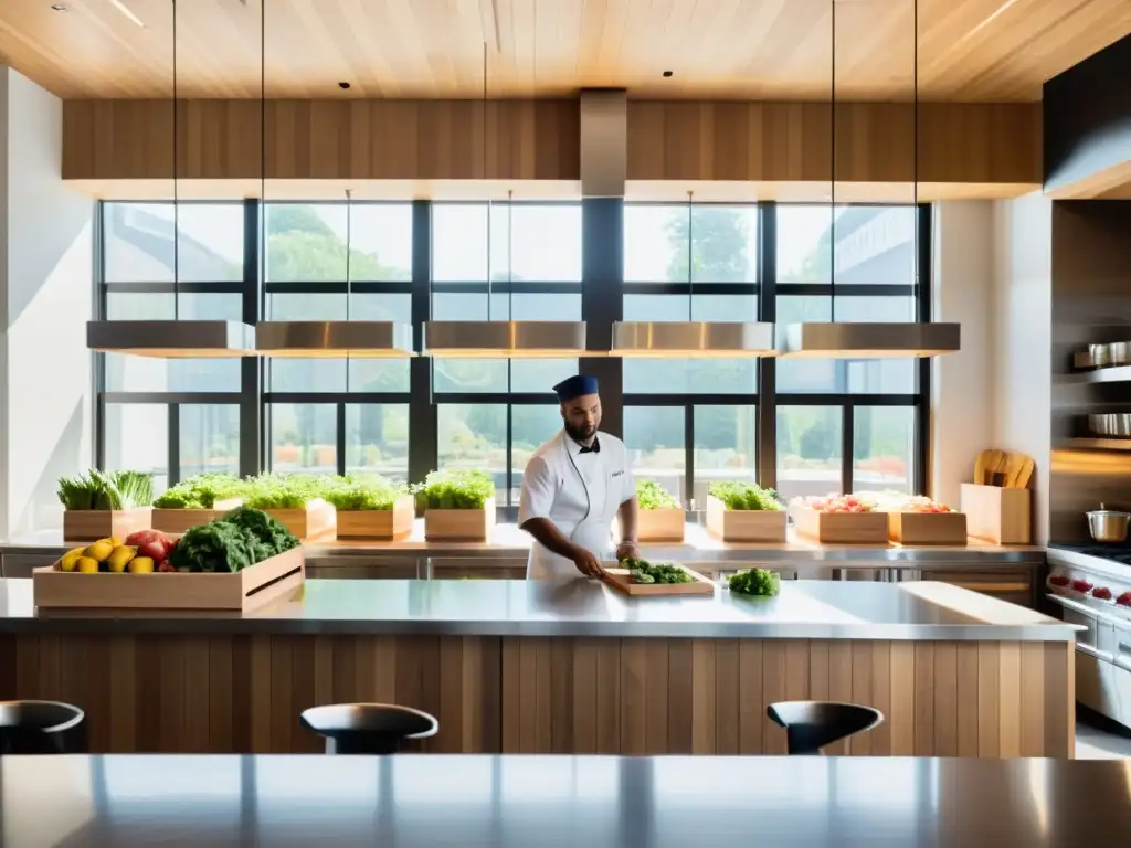 Espacio de cocina moderno y eficiente con chefs preparando alimentos orgánicos