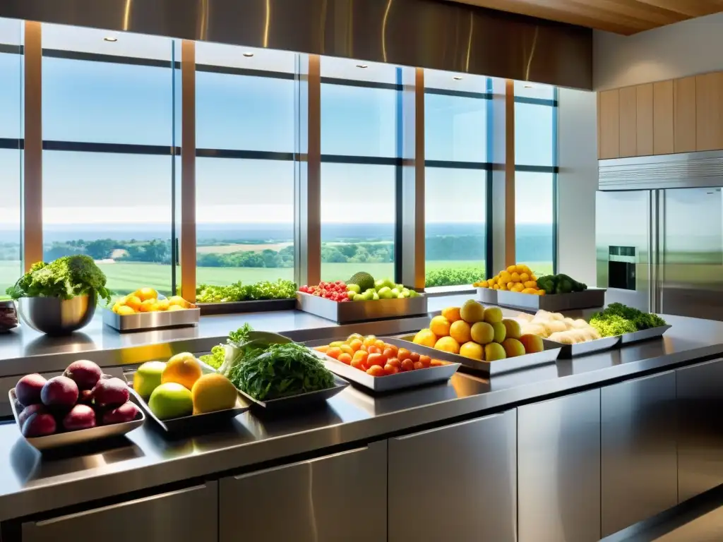 Un espacio culinario moderno y minimalista con una armonía entre tecnología y alimentos orgánicos sostenibles