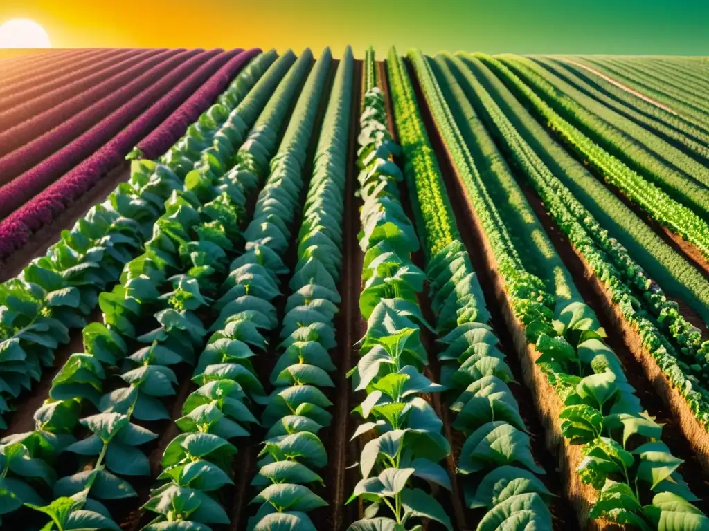 Un espectacular campo orgánico en 8k, resaltando la salud y vitalidad de los cultivos, evocando la prevención de enfermedades en cultivos orgánicos