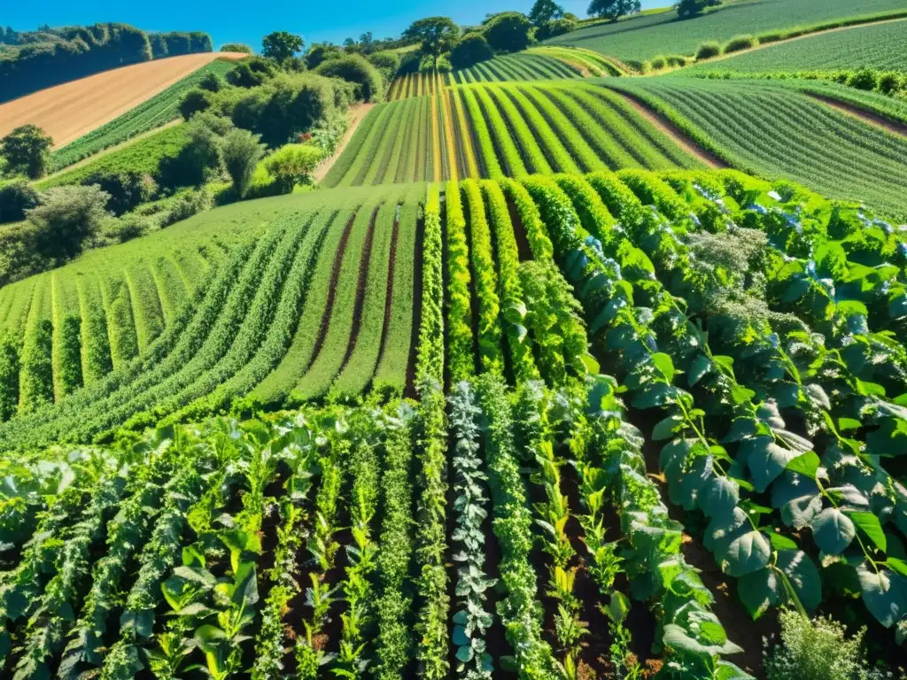 Un espectacular cultivo orgánico bajo el cielo azul, muestra la diversidad de plantas y la vitalidad del ecosistema