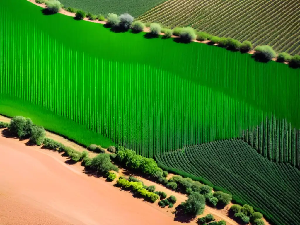 Espectacular paisaje desértico transformado por abonos verdes en agricultura orgánica, con exuberante vegetación contrastando con la aridez del suelo