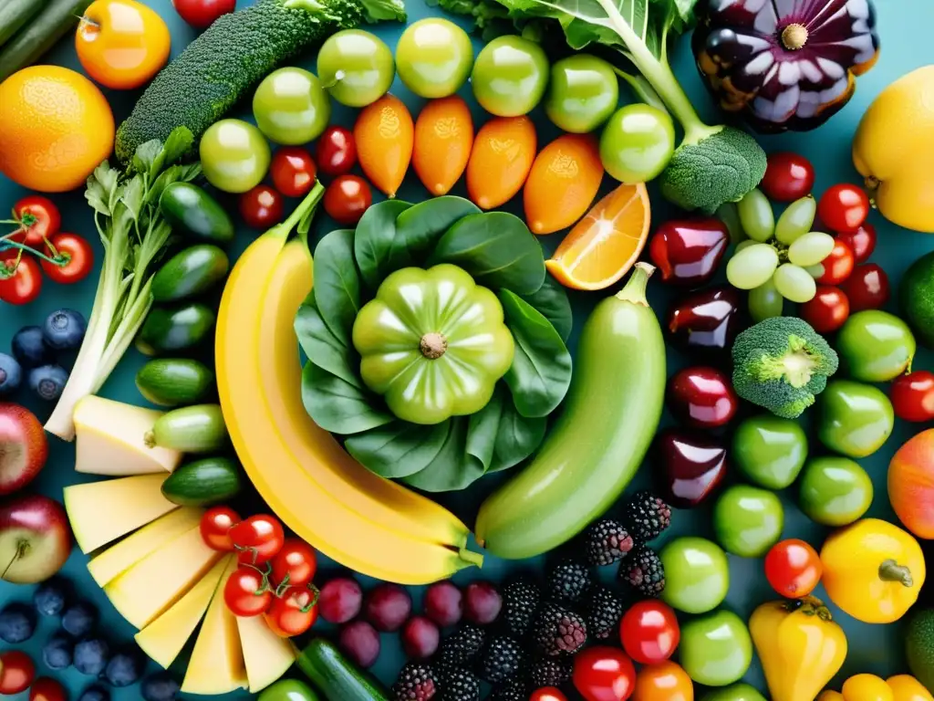 Una espiral de frutas y verduras orgánicas con agua brillante, evocando frescura y salud