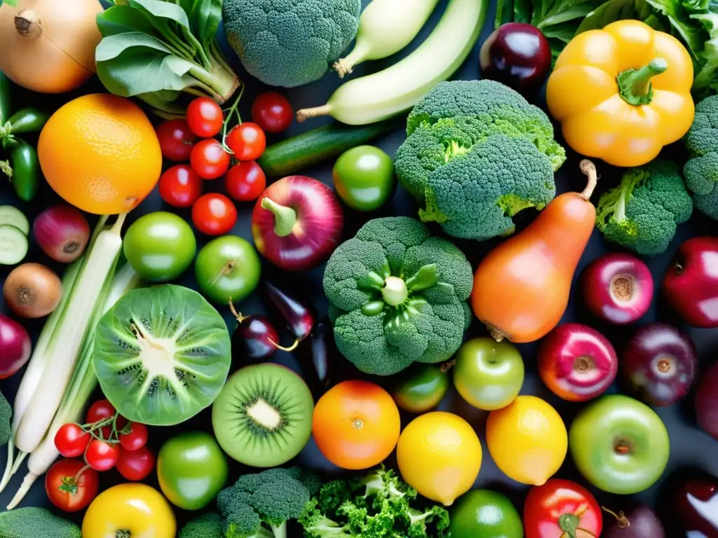 Un estallido de colores y frescura en una variedad de frutas y verduras orgánicas, transmitiendo el impacto de alimentos orgánicos en enfermedades