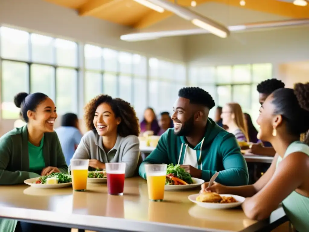 Estudiantes disfrutan de una comida orgánica y conversación animada en la cafetería escolar, fomentando el consumo consciente de alimentos orgánicos