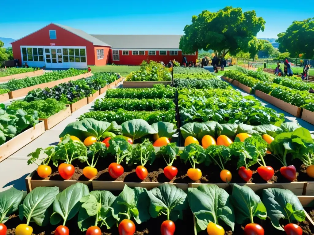 Estudiantes cuidan huerto escolar orgánico lleno de frutas y verduras