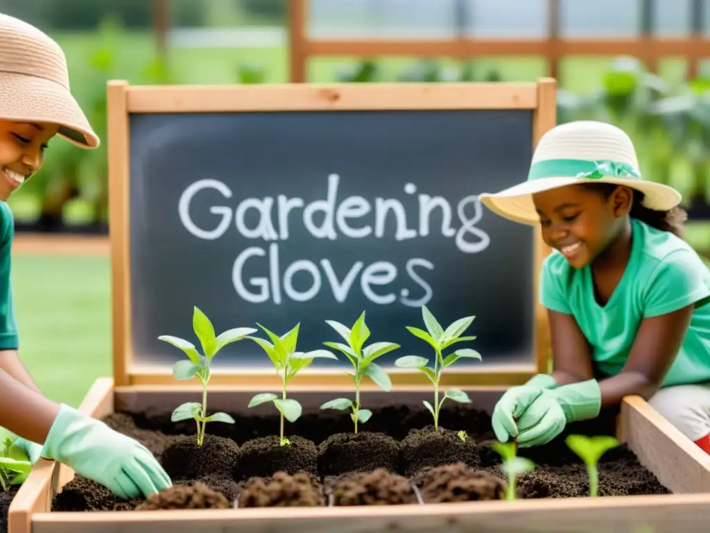 Estudiantes plantando en huerto escolar orgánico, fomentando proyectos educativos y trabajo en equipo