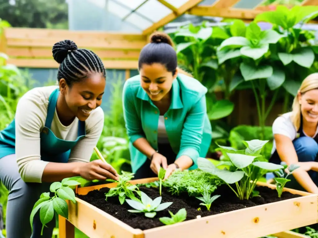 'Estudiantes y maestros colaborando en un jardín permacultural, fomentando la educación y la sostenibilidad