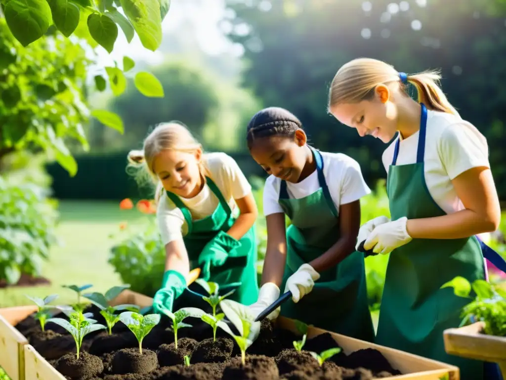 Estudiantes de primaria en un jardín escolar, plantando en armonía con su profesora, fomentando la educación agricultura sostenible escolar