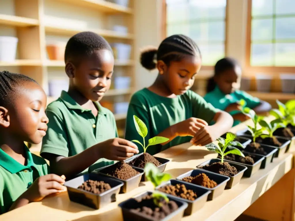 Estudiantes de primaria plantan semillas en macetas en un aula luminosa, fomentando el consumo consciente de alimentos orgánicos