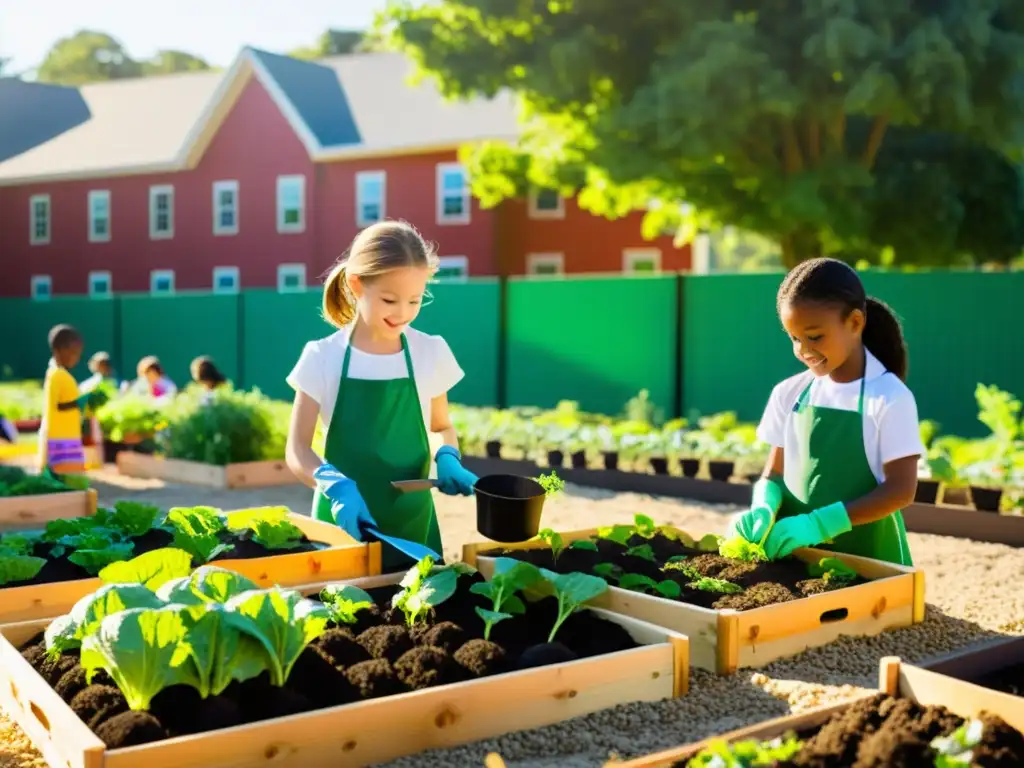 Estudiantes de primaria cultivando vegetales en huerto escolar, fomentando la educación en agricultura sostenible