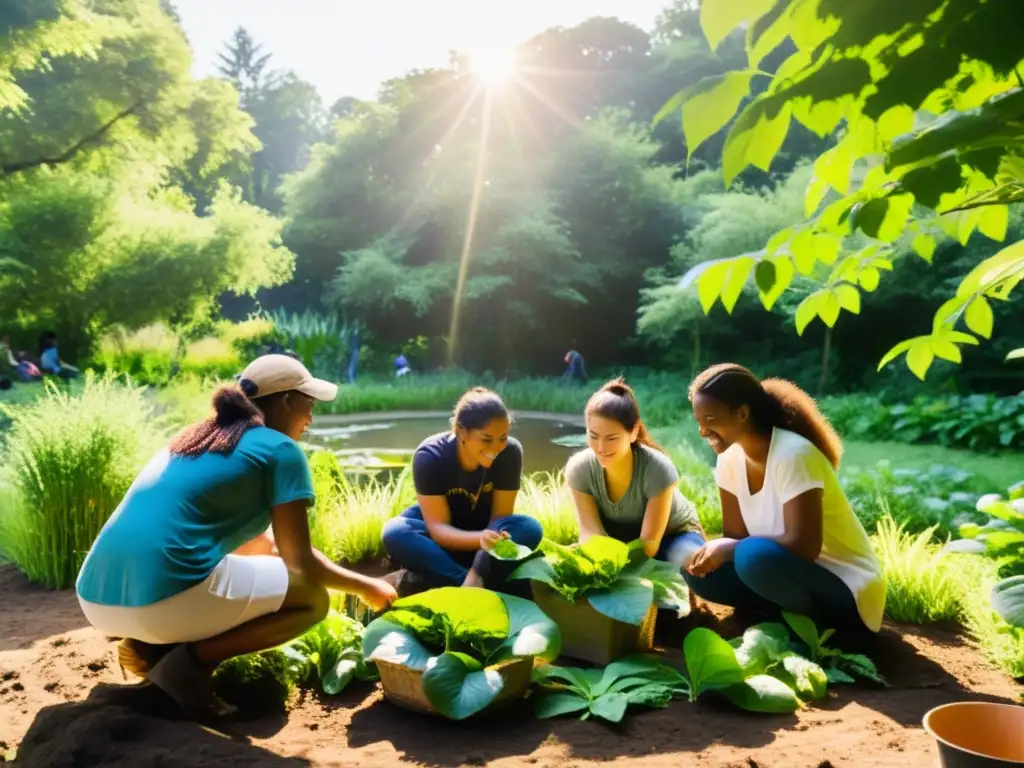 Estudiantes participan activamente en un taller de permacultura rodeados de naturaleza exuberante