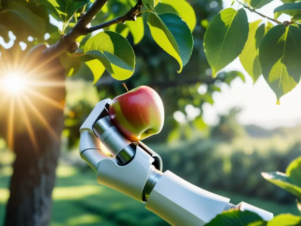 Robótica ética cosechando manzanas orgánicas en un entorno natural