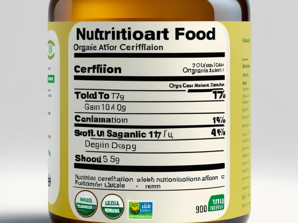 Una etiqueta de alimentos clara y minimalista, con certificación orgánica e información nutricional, resaltando el cumplimiento etiquetado productos orgánicos