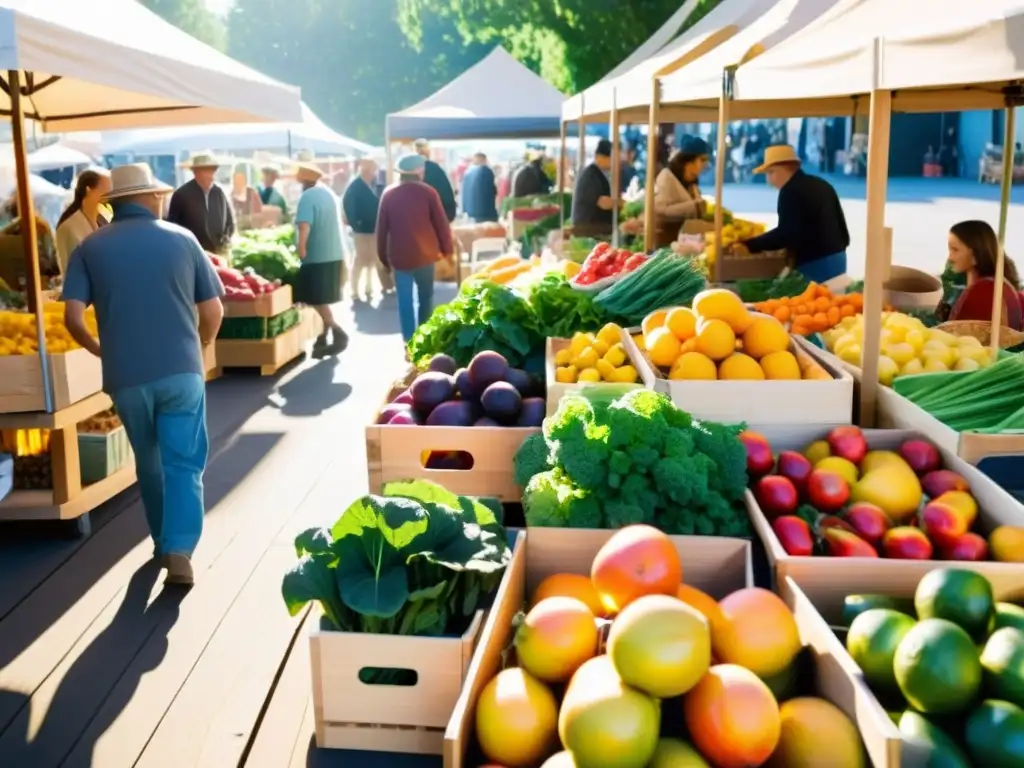 Eventos y ferias de alimentos orgánicos: Un colorido mercado con frutas y verduras orgánicas, stands de madera y una atmósfera vibrante y acogedora