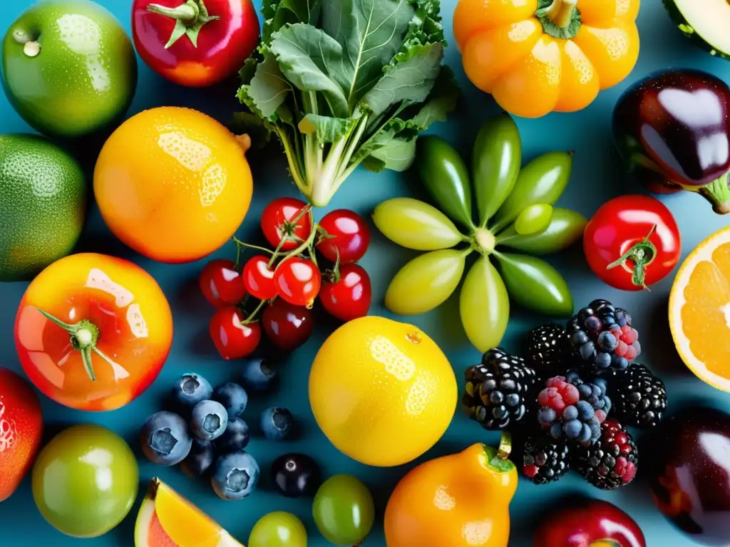 Una exhibición impresionante de frutas y verduras orgánicas vibrantes resalta la elegancia de una dieta orgánica que fortalece el sistema inmunológico