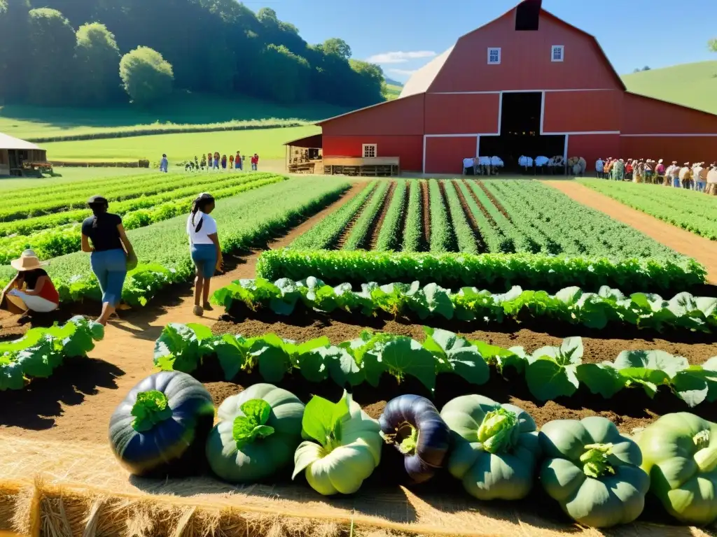 Una experiencia educativa en agroturismo orgánico: escena serena de granja con estudiantes y maestros interactuando en actividades prácticas