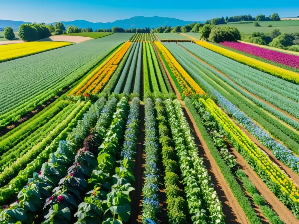 Una experiencia educativa en agroturismo orgánico: una granja exuberante con filas de cultivos verdes y flores coloridas, bajo un cielo azul brillante