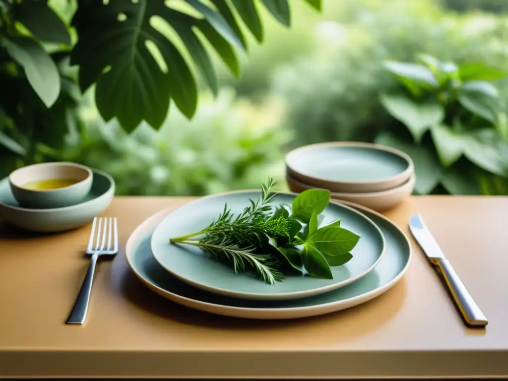 Experiencias únicas en restaurantes orgánicos: Mesa elegante en entorno natural, con vajilla terrosa, vegetales frescos y luz suave