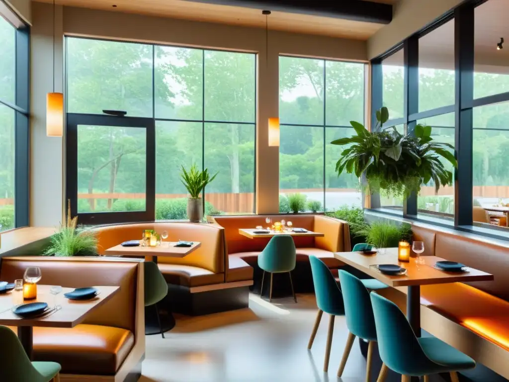 Experiencias únicas en restaurantes orgánicos: ambiente sereno con luz natural, mesa elegante con platillos orgánicos y decoración cálida y acogedora